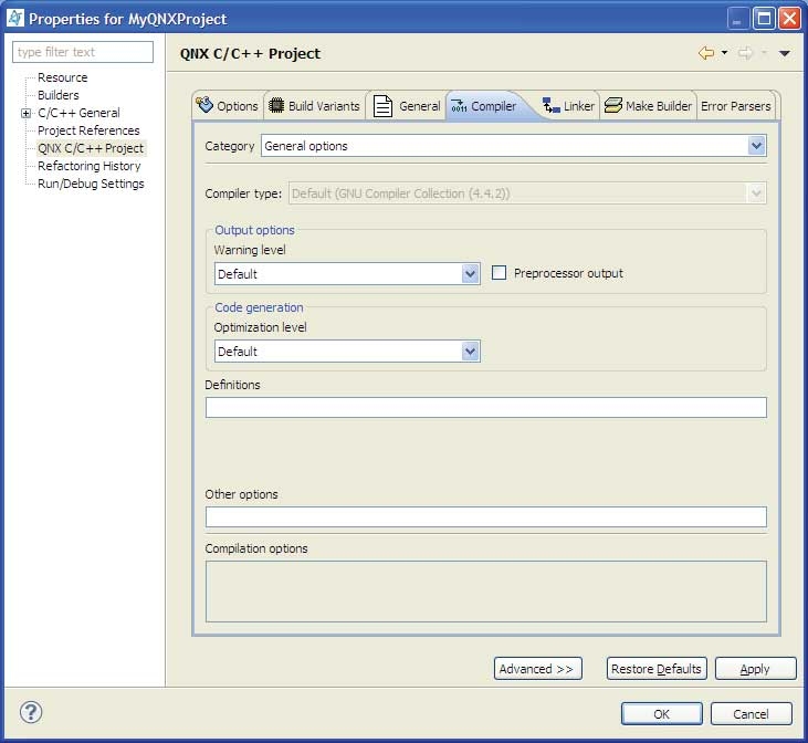 Compiler tab, Project properties